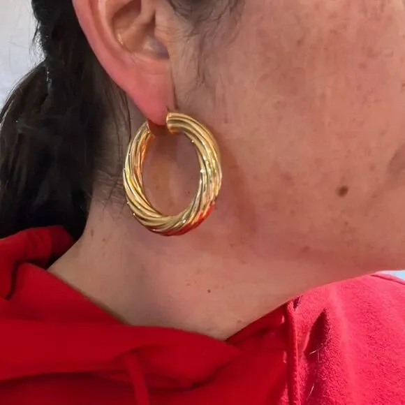Italian-Made Twisted Large Wide Hoop Earrings in 18k Gold-plated